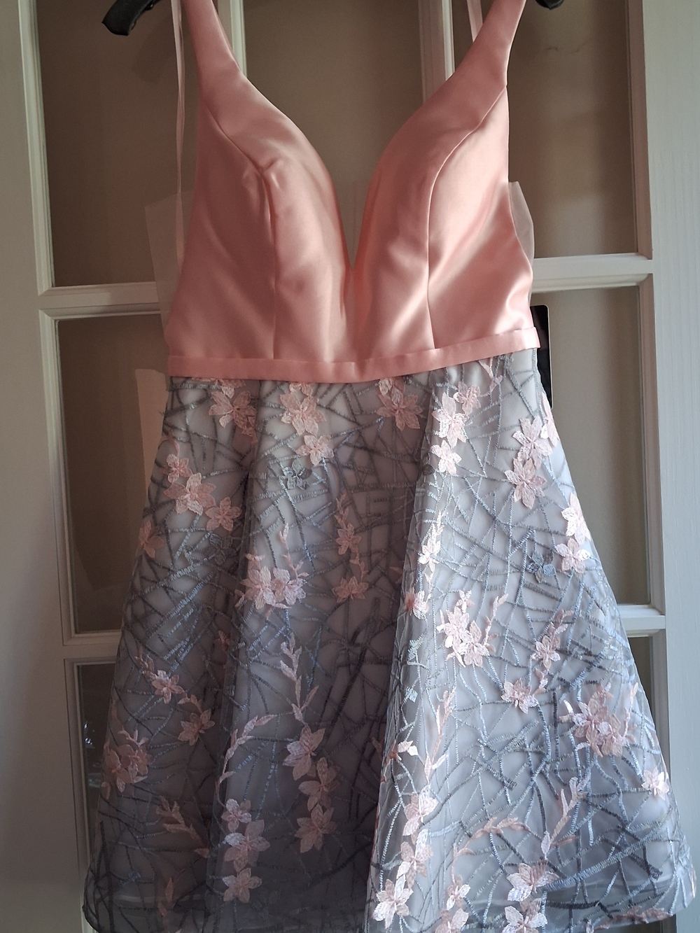 Clarisse Pink Satin Bodice with Gray Floral Embroidered Overlay Dress